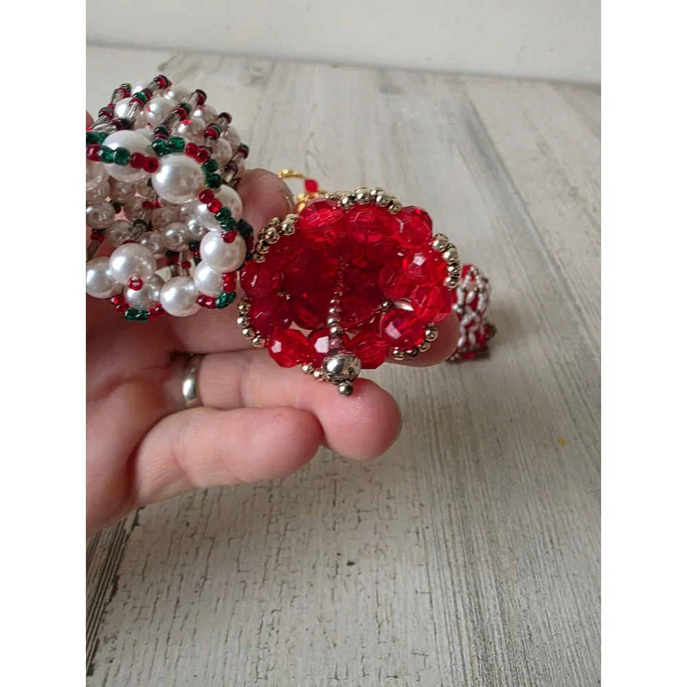 Vintage beaded Bell set ornament red Pearl Xmas gold tree